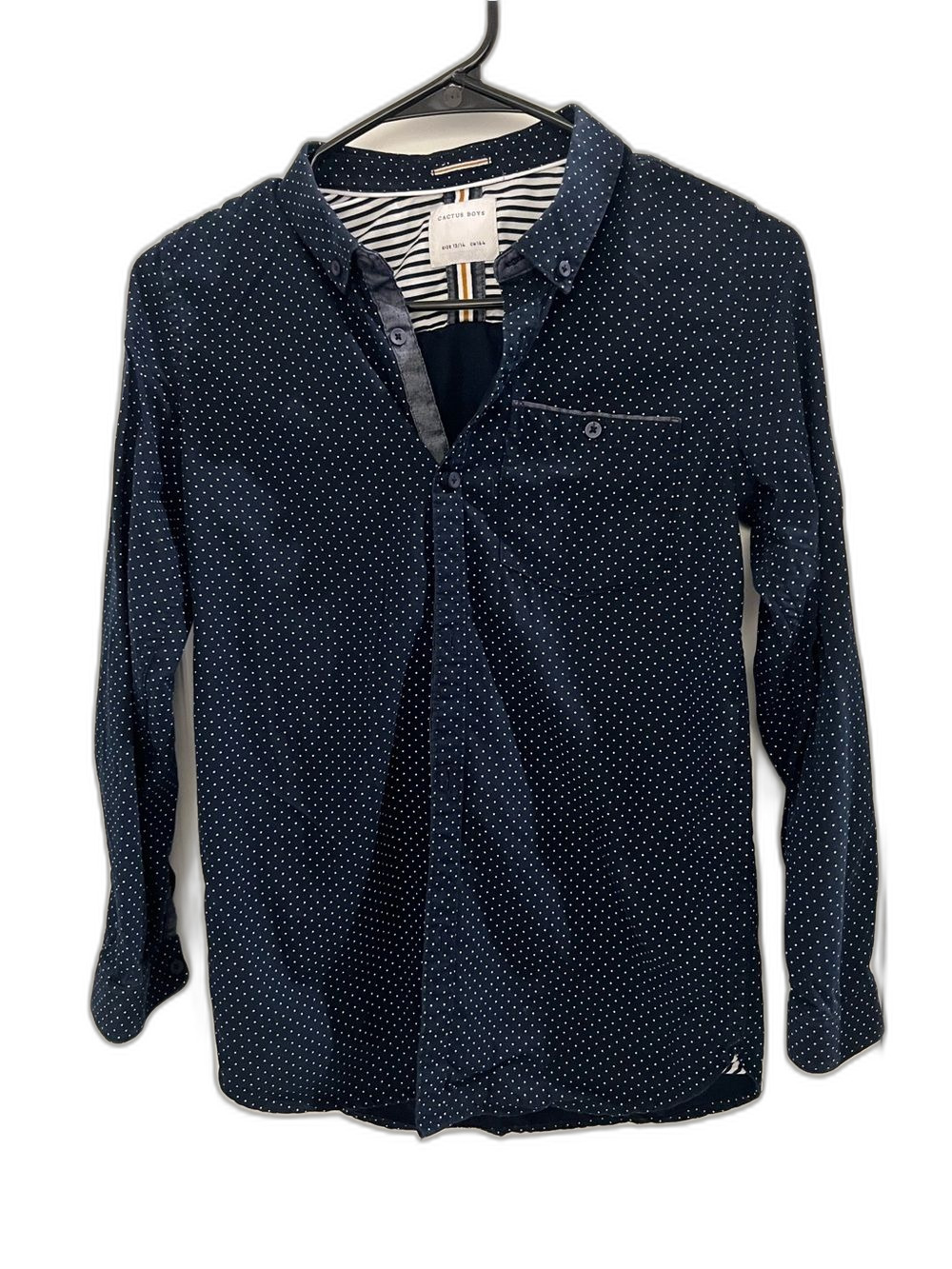 Cactus Boys Navy Blue Polka Dot Button-Up Shirt Size 13/14 Long Sleeve